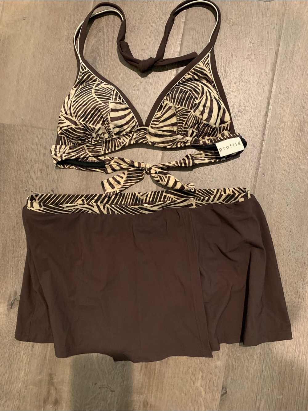 Profile by Gottex Brown Printed Bandeau Bikini Top with Swim Skirt - Size 8